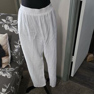 White Linen Pants With Black Embroidery Down Side Of Leg